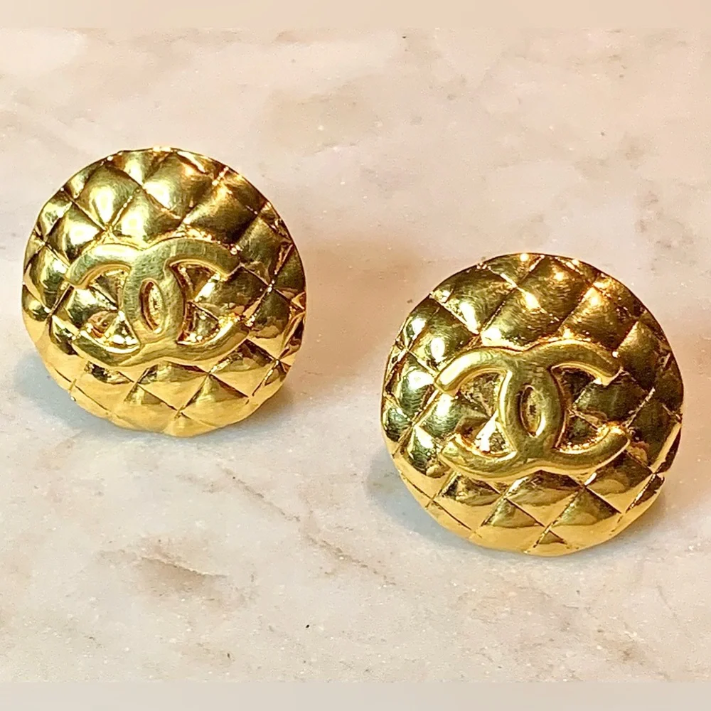 CHANEL COCO MATELASSE EARRINGS GOLD PLATED VINTAGE 1 1/2 INCH FRANCE JUMBO